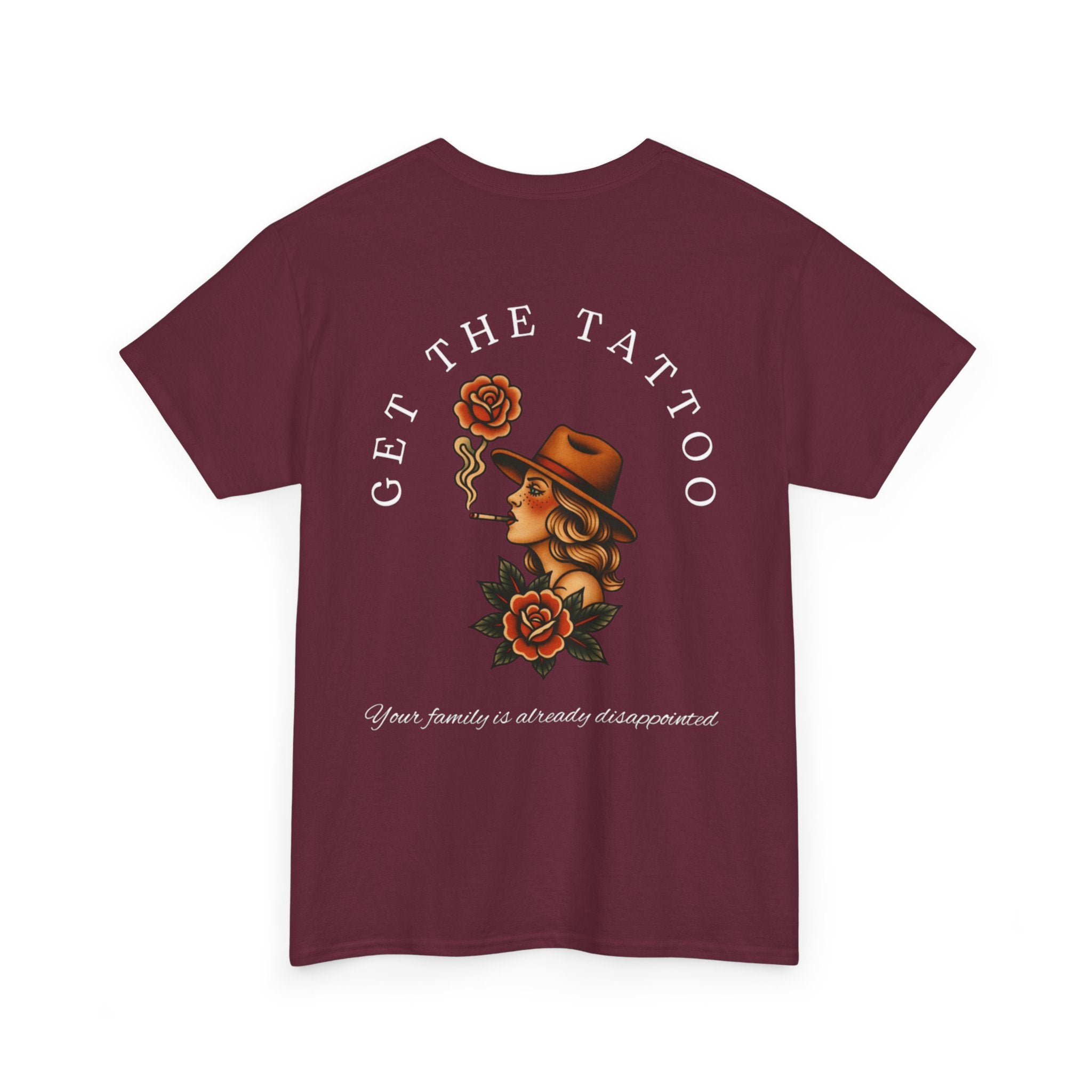 Tattooed Cowgirl T-Shirt — “Get The Tattoo” Vintage Rose Back Print