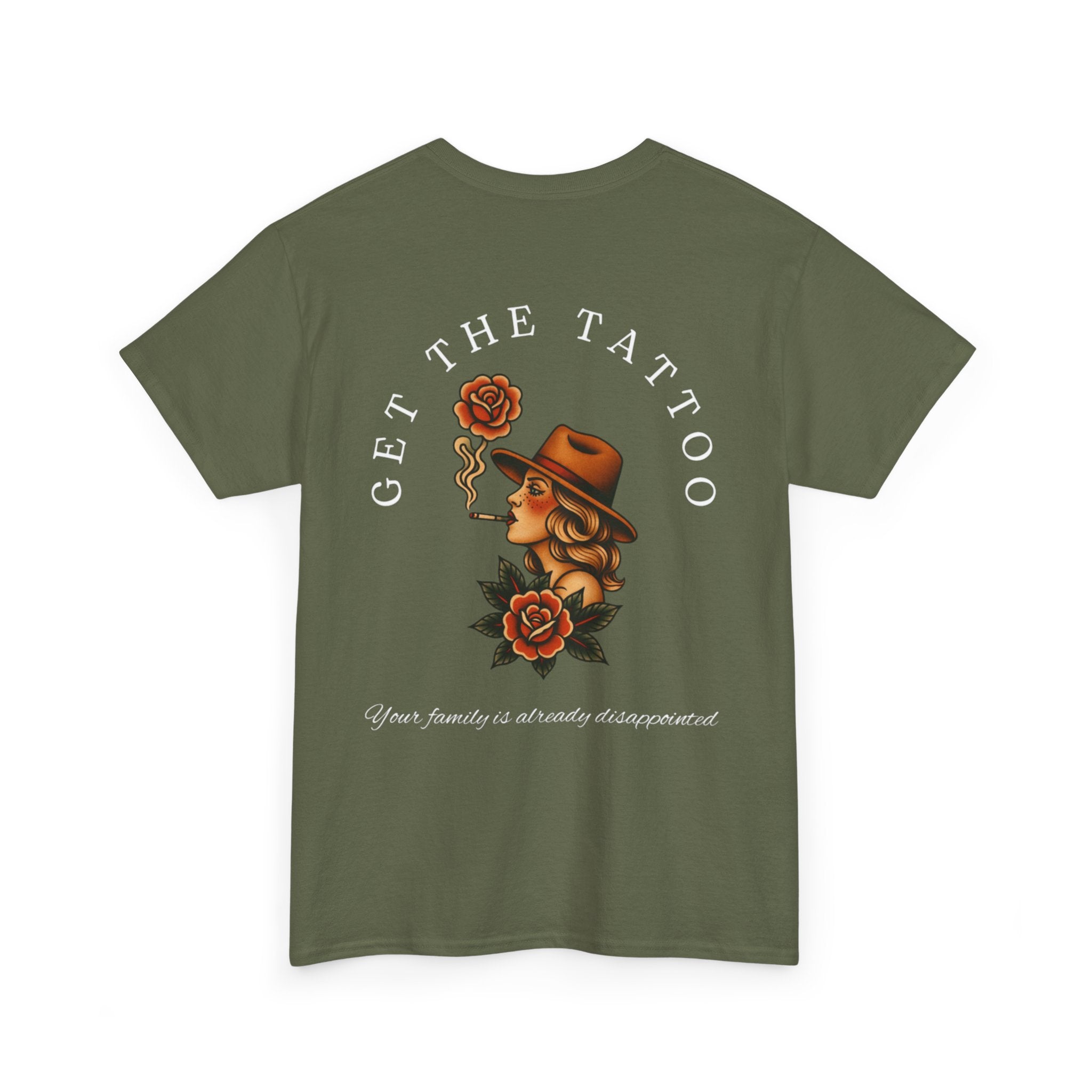 Tattooed Cowgirl T-Shirt — “Get The Tattoo” Vintage Rose Back Print