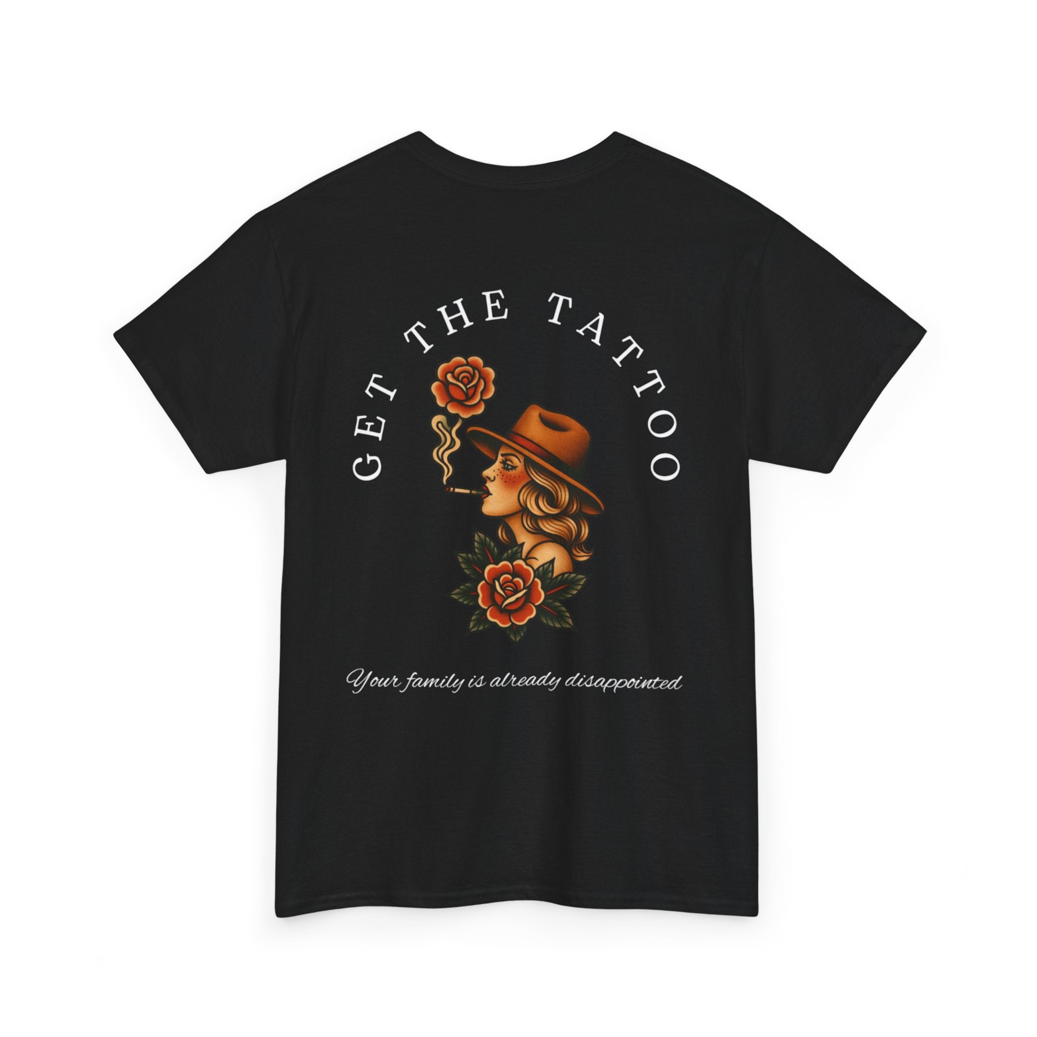 Tattooed Cowgirl T-Shirt — “Get The Tattoo” Vintage Rose Back Print