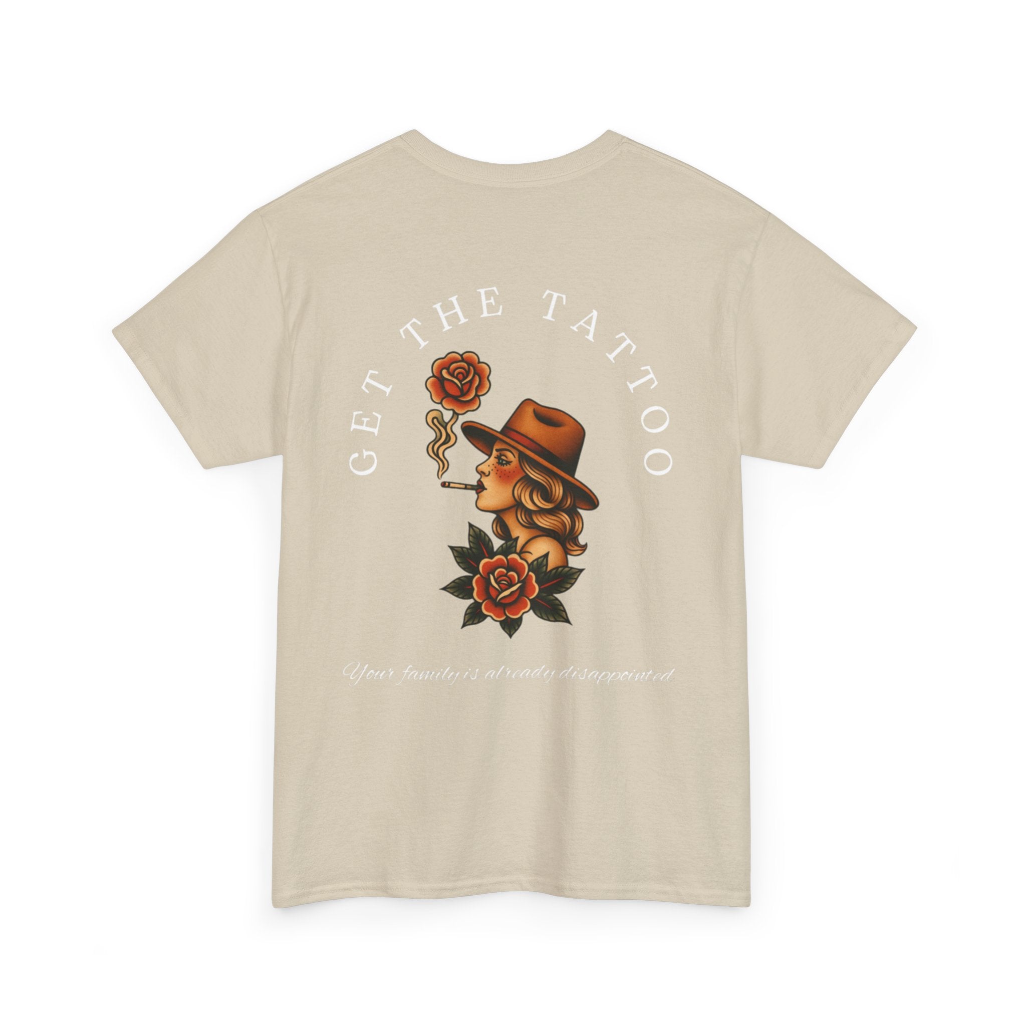 Tattooed Cowgirl T-Shirt — “Get The Tattoo” Vintage Rose Back Print